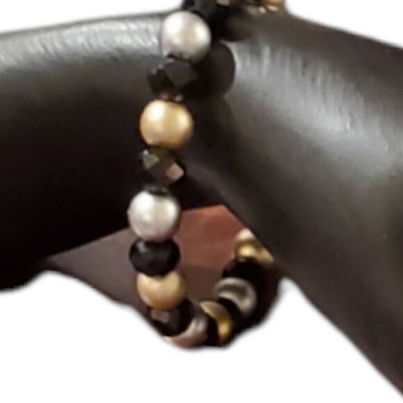 NEW GOLD SILVER BLACK BEADED EARRINGS AND BRACLET SET - Picture 2 of 7